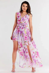 awama daydress made of chiffon on elastic lining, tied with a belt at the waist  Adomoo
